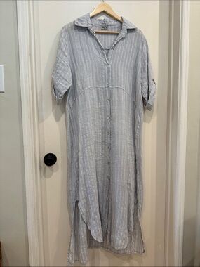 MEO MELI Italian Linen Shirtdress in Light Gray & White Stripes O/S